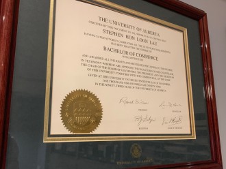 Bachelor of Commerce (BCom), with Distinction standing (University of Alberta degree granted to Stephen Lau)