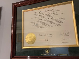 Bachelor of Laws (LLB), (University of Alberta degree granted to Stephen Lau)