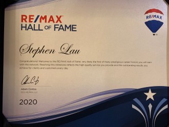 RE/MAX Hall of Fame award (2020). [Internationally-recognized high achievement milestone career award, RE/MAX, LLC]