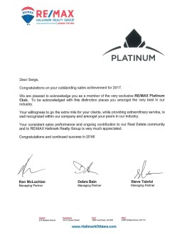 Platinum Club - 2017 
It recognizes Associates who rank among the very highest of producers with gross commission amounts of $250,000 - $499,999.